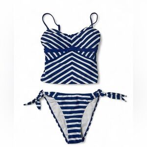 SHEIN Navy Blue and White Striped Tankini Bikini Set